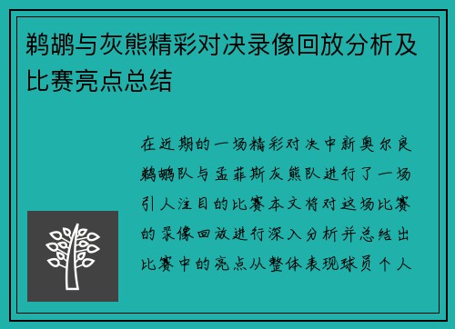 鹈鹕与灰熊精彩对决录像回放分析及比赛亮点总结